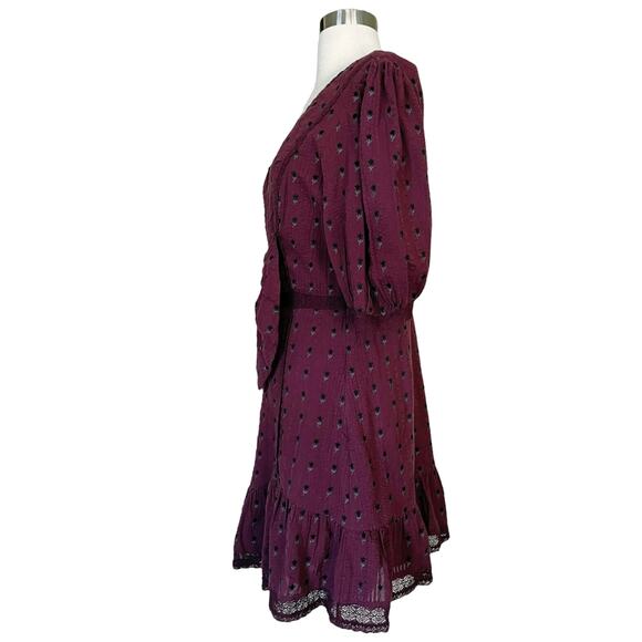 LOVESHACKFANCY Lena Dress Short Puff Sleeves Burgundy Floral Bow V-Neck Medium - Picture 9 of 10